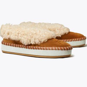 NIB Tory Burch Shearling Slipper Leather Toasted Caramel Brown US 6.5 7 7.5 8